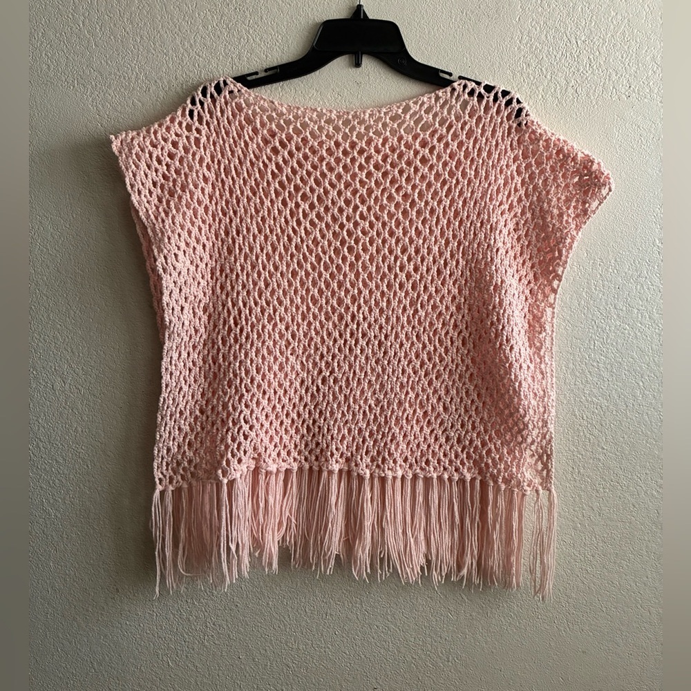 Pink Fringe Knit Sweater Poncho OS - Picture 2 of 8